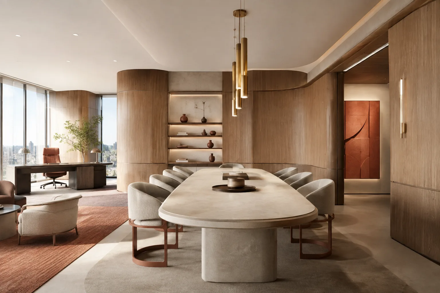 Premium boardroom with custom curved timber walls and sculptural seating